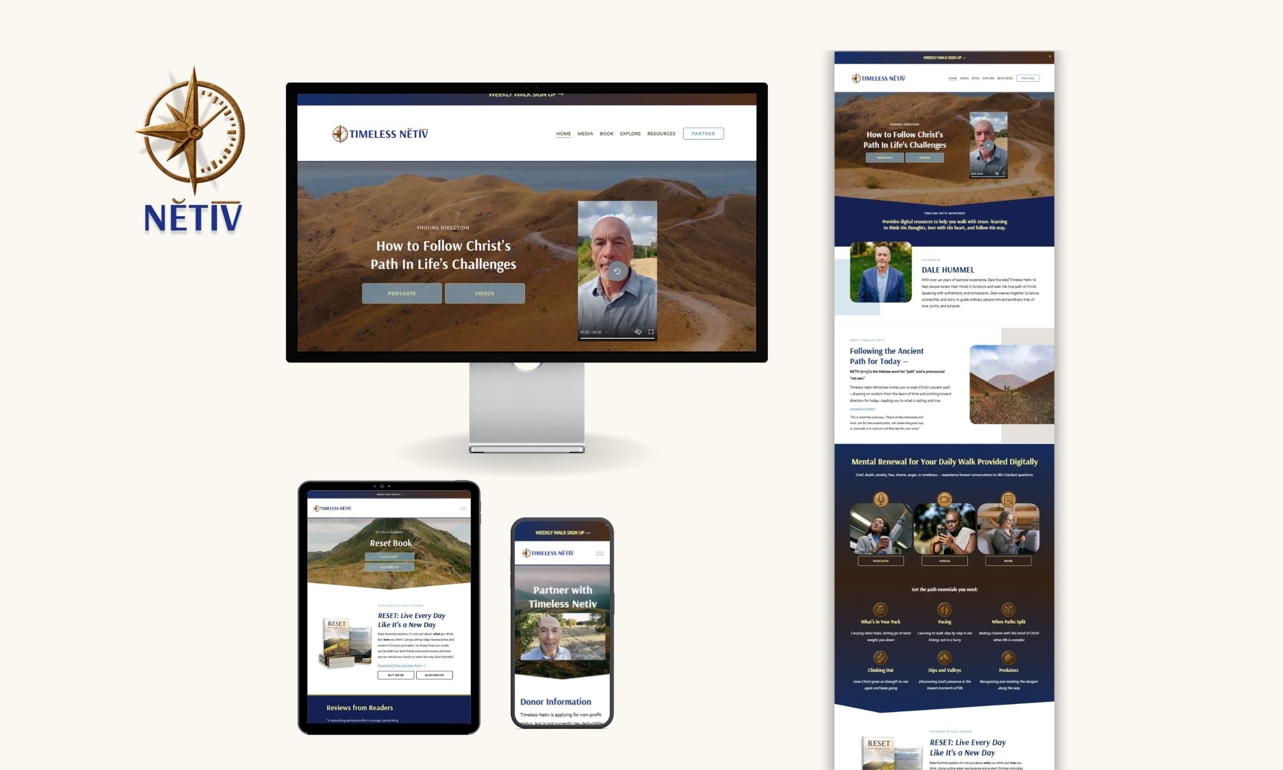 Website and app screens for Timeless Netiv, featuring a mountainous landscape, with titles about following Christ's path in life's challenges, podcasts, videos, and digital resources, displayed on desktop, tablet, and mobile devices.
