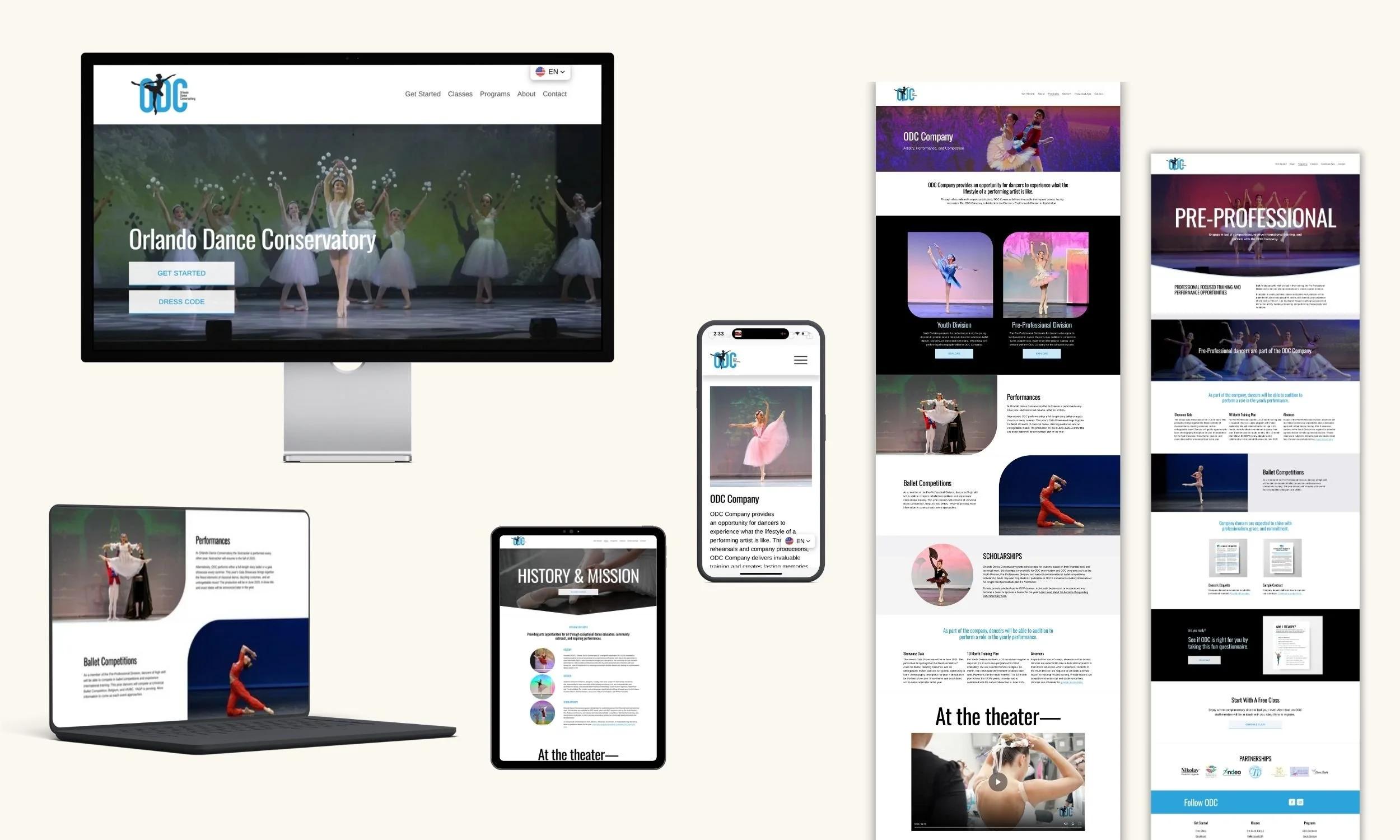 Multiple digital screens and devices displaying a website for Orlando Dance Conservatory, featuring dancers in performance and dance classes, with sections on history, missions, programs, and performances.