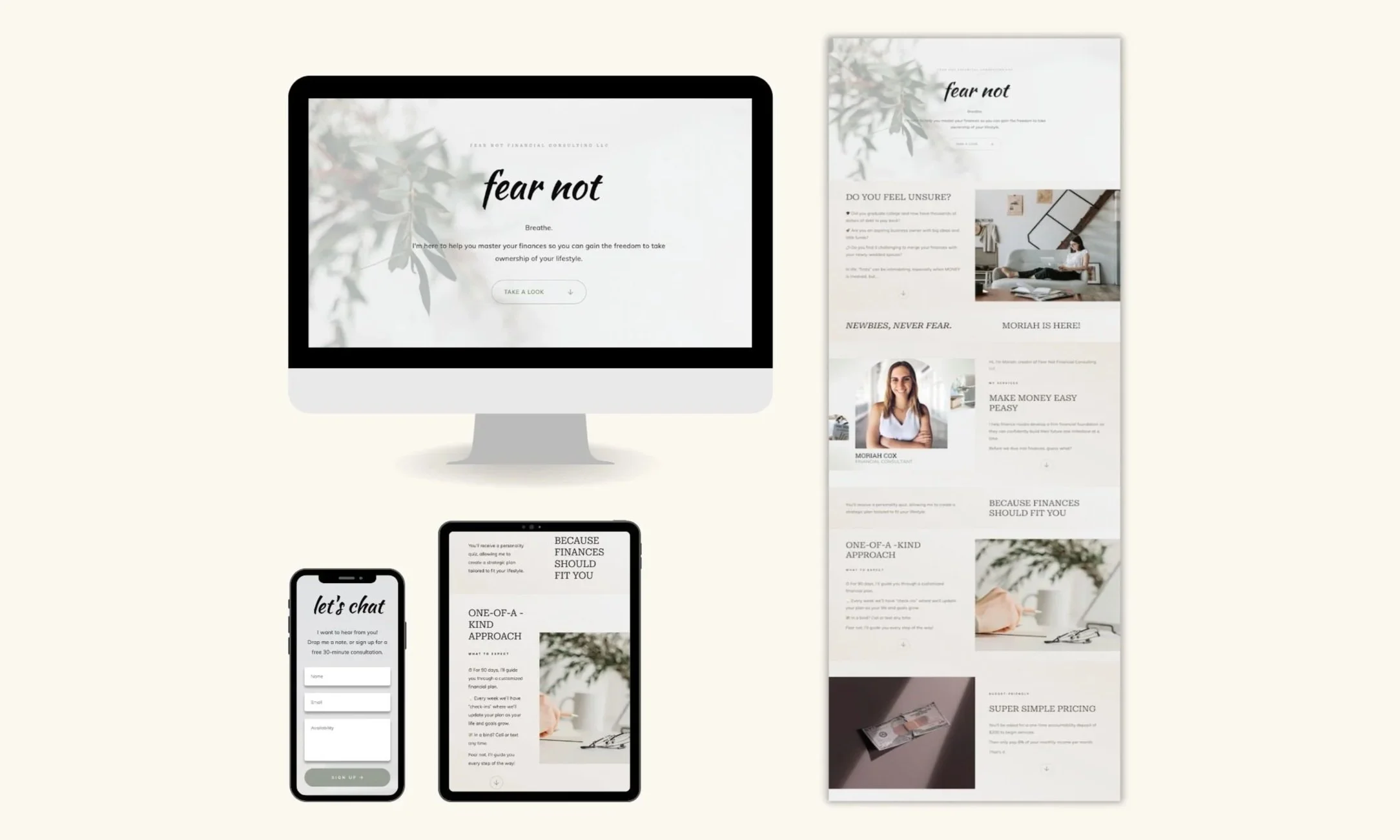 Responsive website and mobile screens displaying a financial consulting service called 'fear not,' featuring a minimalist design with images of a computer monitor, smartphones, and a long scrolling webpage showcasing content about financial strategies and consultations.