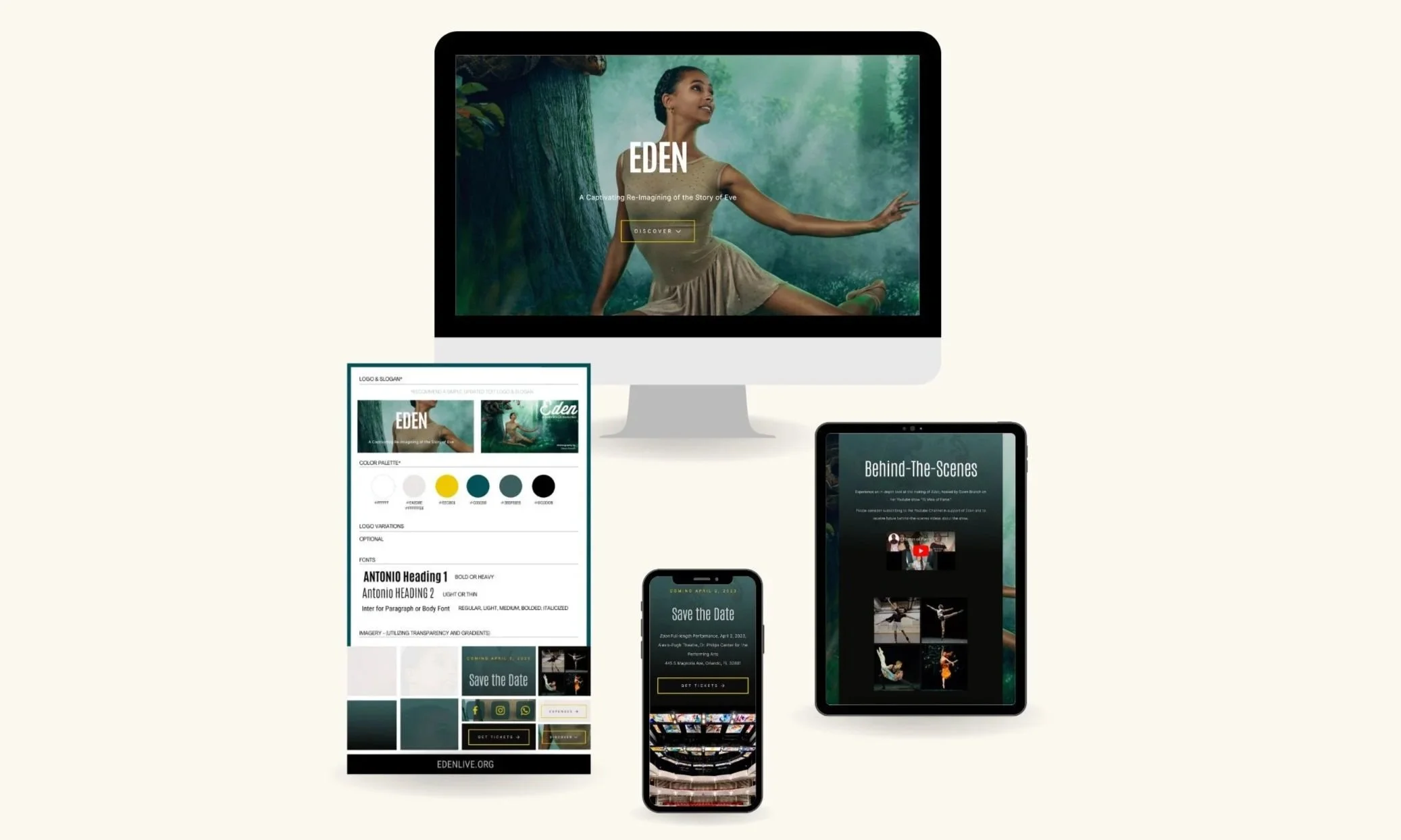 Digital devices displaying promotional content for 'Eden', with a woman in a forest scene, a 'Save the Date' announcement, behind-the-scenes photos, and color palette details.