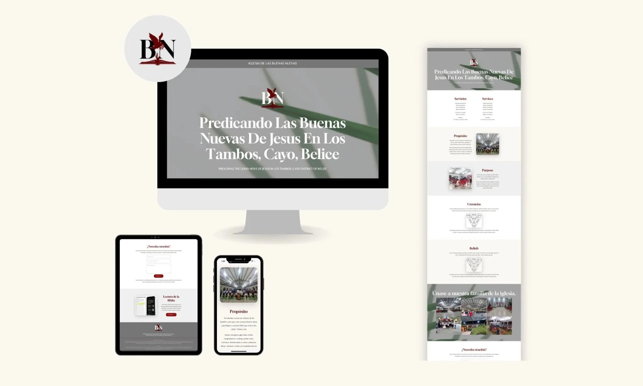 A collection of digital screens displaying a church's website with the title in Spanish, 'Predicando Las Buenas Nuevas De Jesus En Los Tambos, Cayo, Belice,' which translates to preaching the good news of Jesus in Los Tambos, Cayo, Belize.