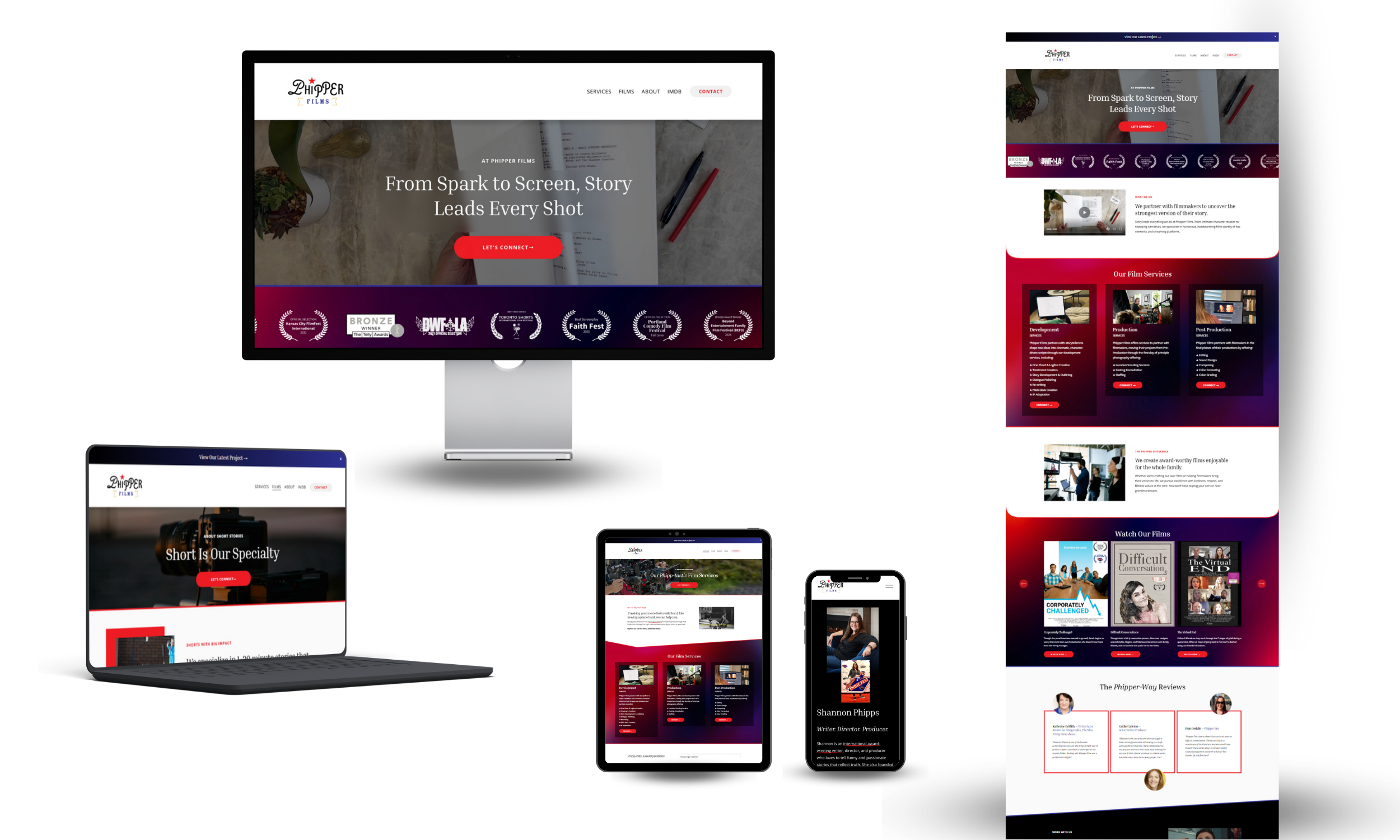 Series of electronic devices displaying the same website for a film production company. Includes a desktop monitor, laptop, tablet, and smartphone screens with the website showing various pages about film services, projects, and reviews.