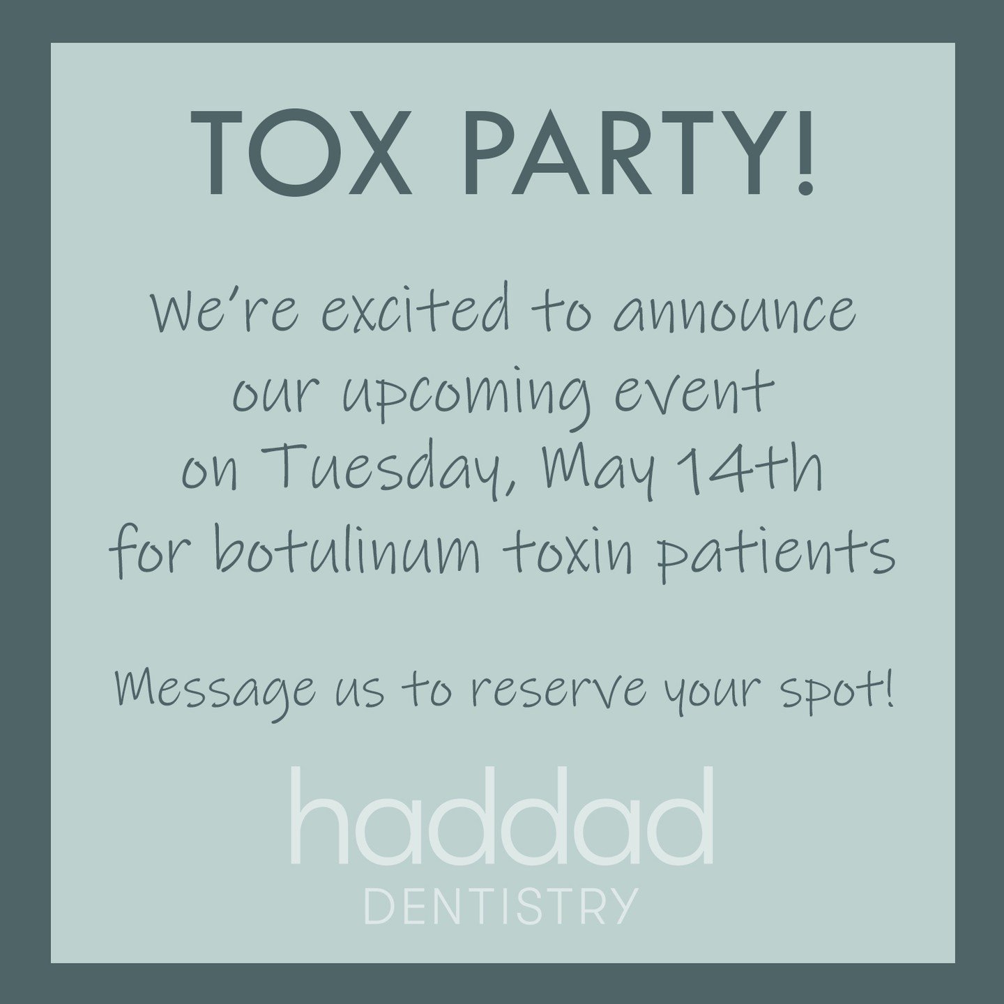 📆Mark Your Calendars!📆

Spring is upon us, and we're happy to help you get ready for a glorious summertime in Michigan!

On Tuesday, May 14th from 4pm to 7pm, we will be hosting a tox party with light refreshments and snacks for our #botulinumtoxin