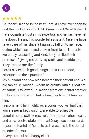 Customer review praising Dr. Robert Haddad for his dental care, describing his professionalism, kindness, and effective treatment, mentioning a positive experience and recommendation.