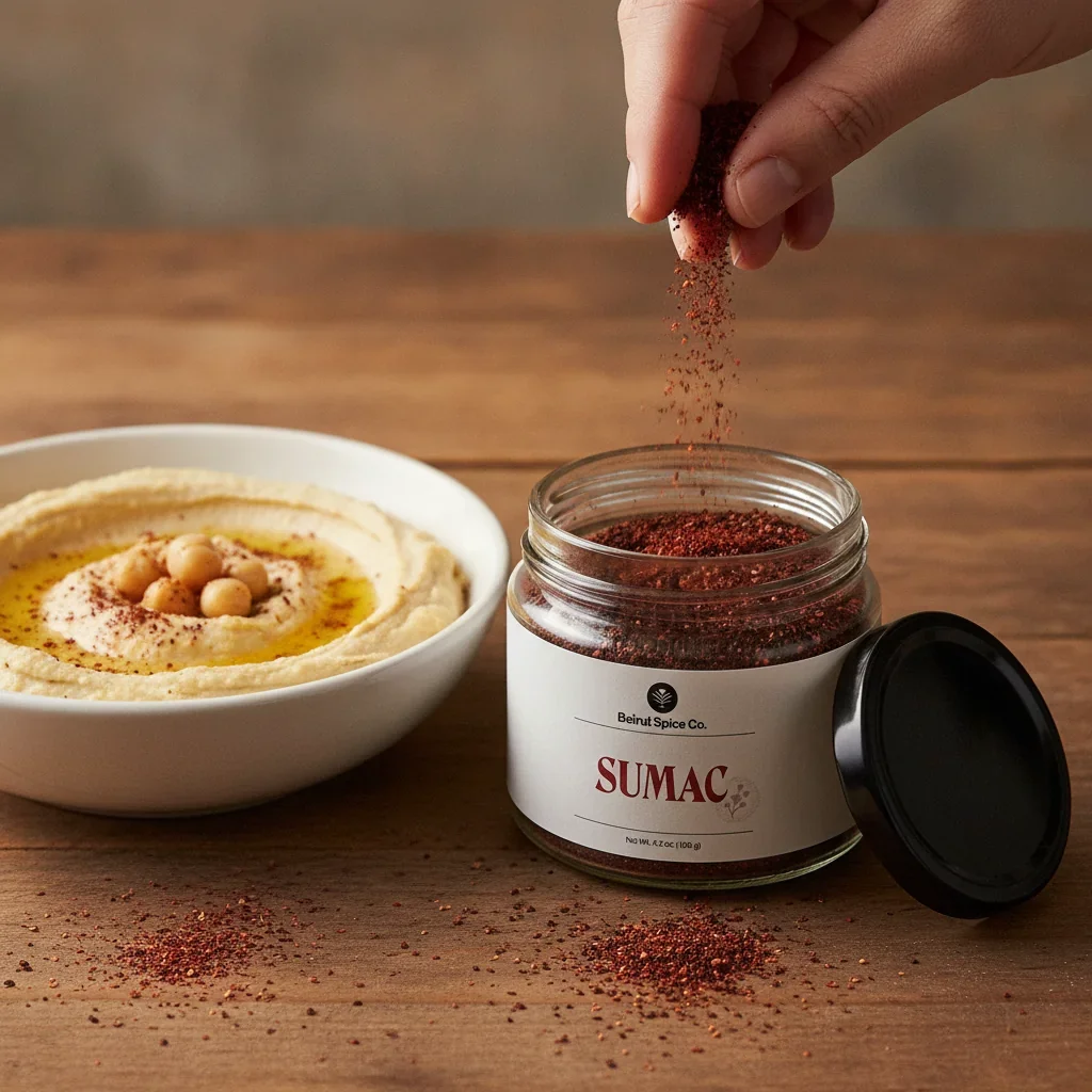 Lebanese sumac sprinkled on creamy hummus