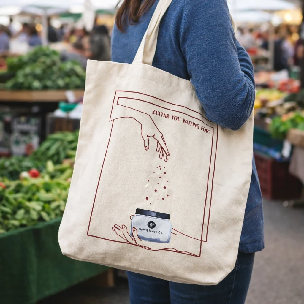 Lebanese Canvas Tote Bag for Beirut Spice Co at the market.