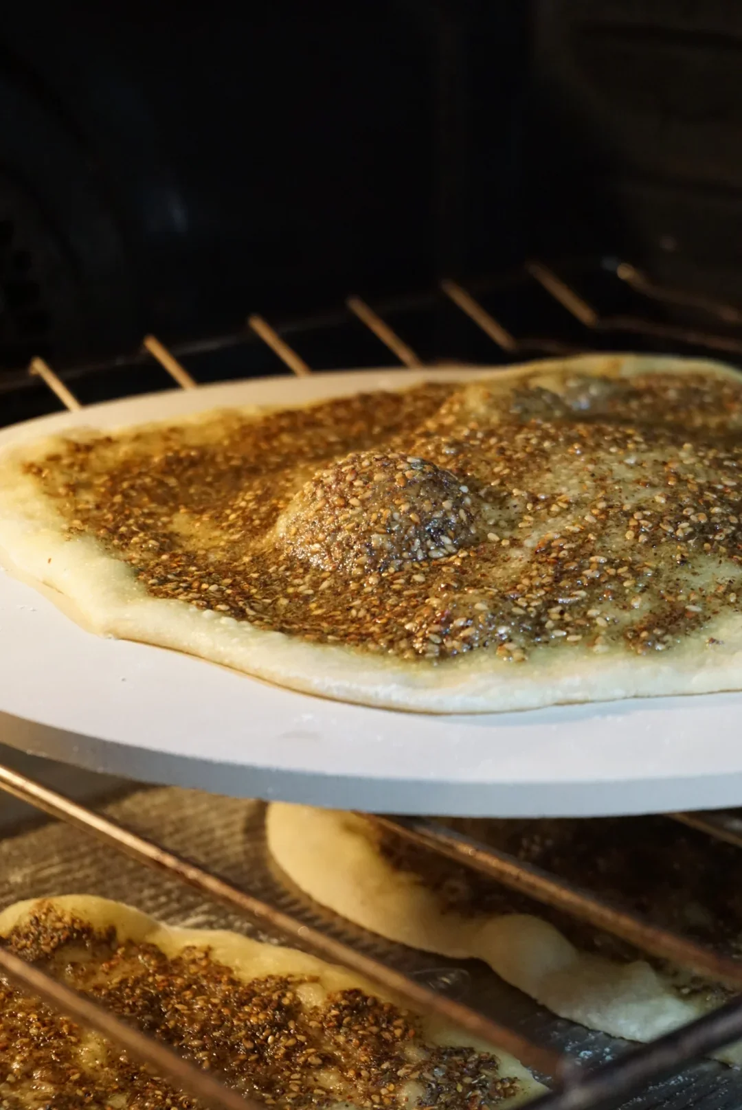 Lebanese manouche with zaatar baking in the oven