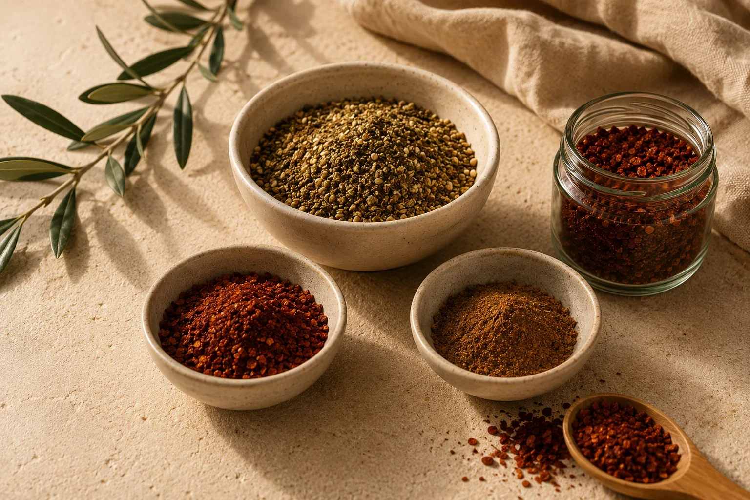 Bowls of Lebanese spices including za'atar, Aleppo pepper, baharat, and herb blends