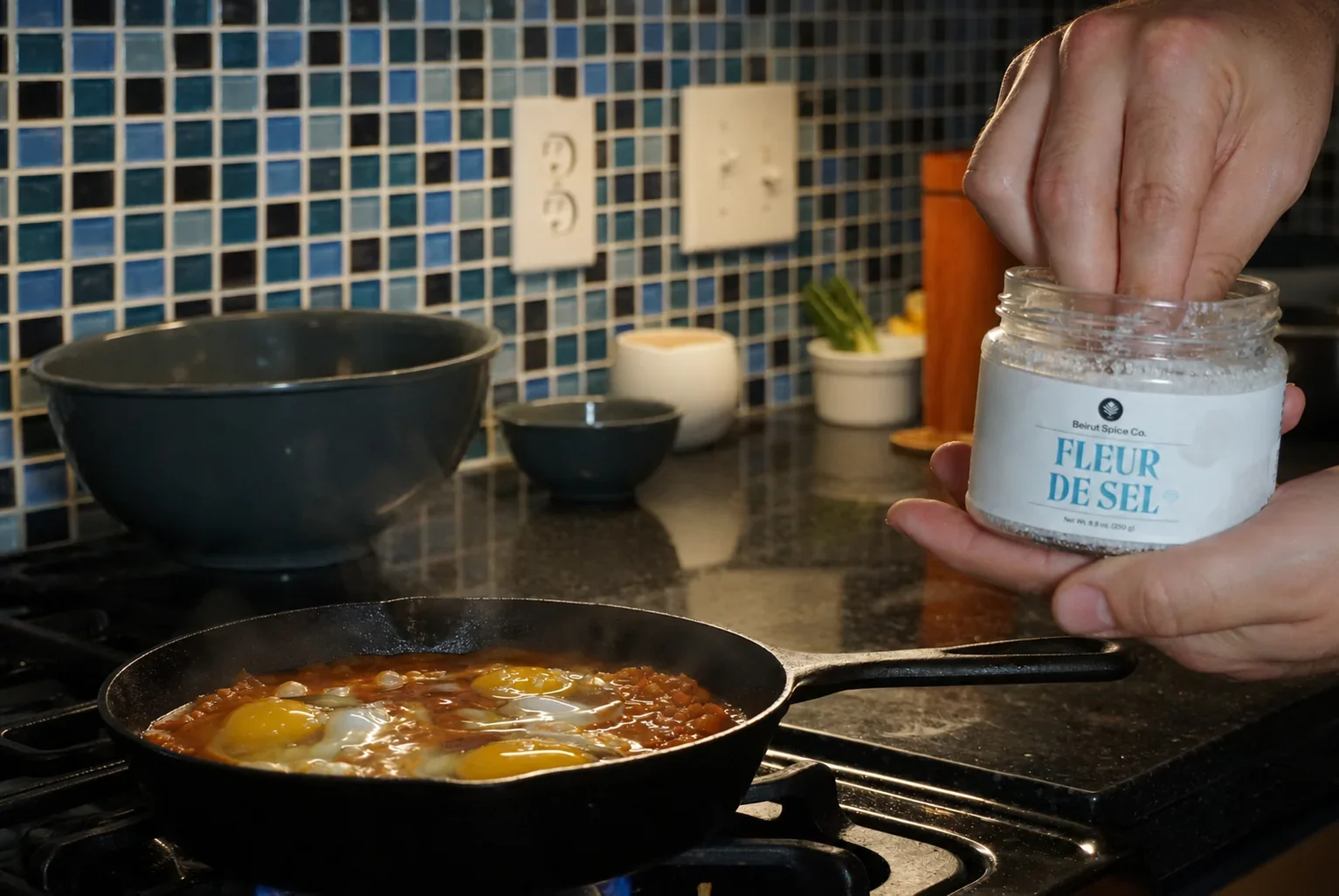 Fleur de sel sprinkled on traditional shakshuka with eggs