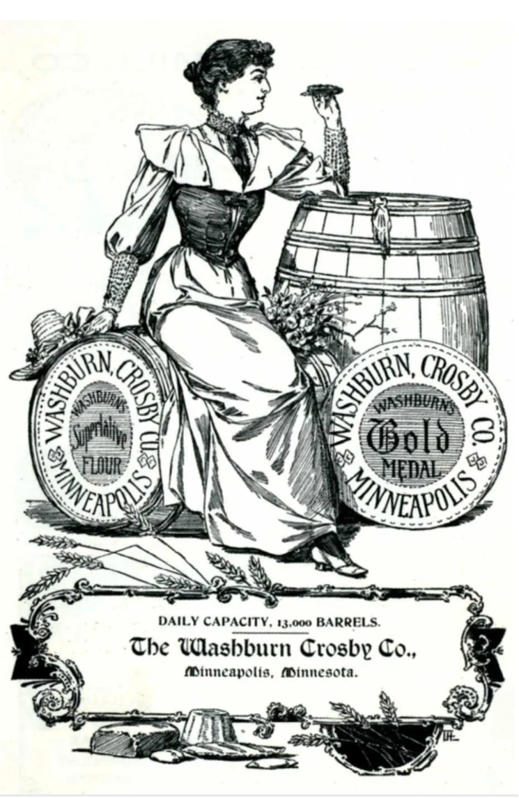 Vintage advertisement illustration of a woman in 19th-century dress sitting on a barrel labeled Washburn Crosby Co. Minneapolis, Minnesota. The illustration highlights flour and gold medals, with a barrel and various bakery items at the bottom.