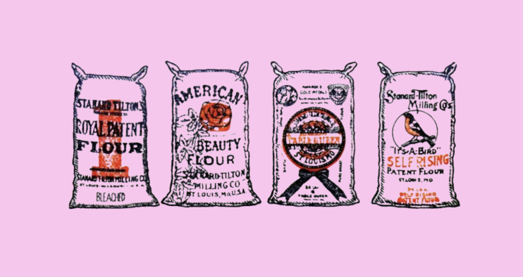 Four illustrated bags of flour with vintage-style labels on a pink background.