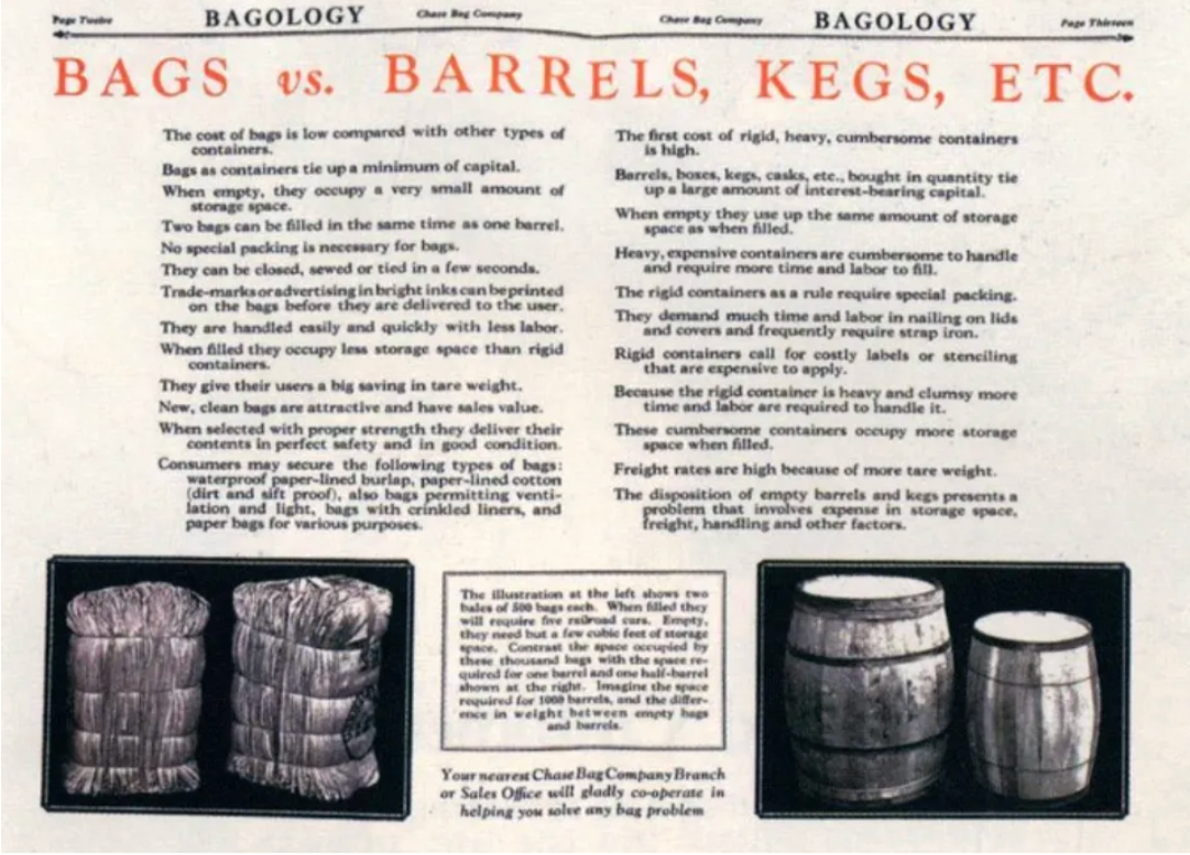 Text discussing the disadvantages of bags versus barrels, including cost, storage, handling, and labeling. Two images show bags filled with materials and barrels of different sizes.