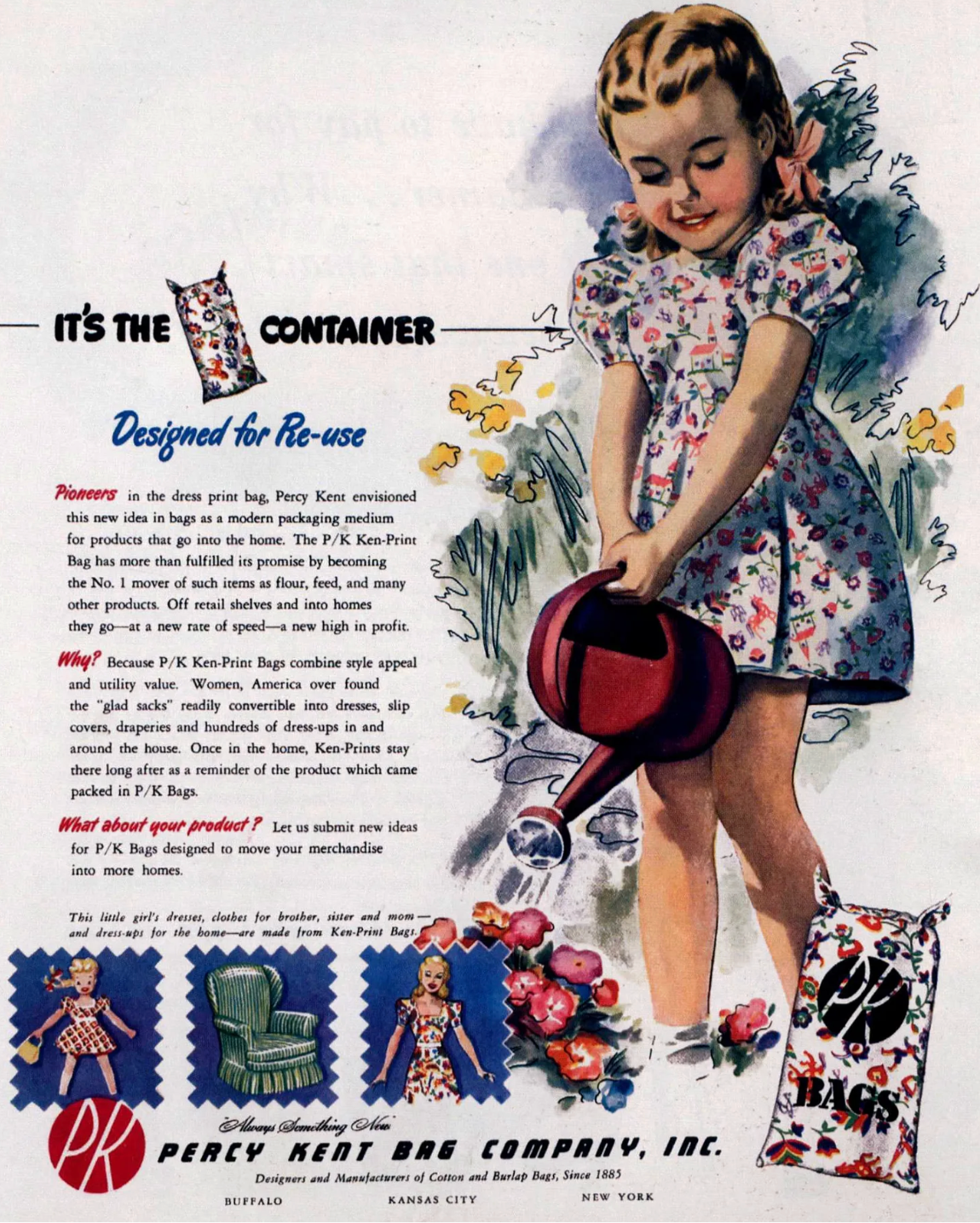 Vintage illustration of a young girl in a floral dress bending forward and holding a red and black handbag, standing amidst flowers with a shopping bag labeled P/K BAGS. The advertisement promotes re-usable bags by Percy Kent Bag Company.