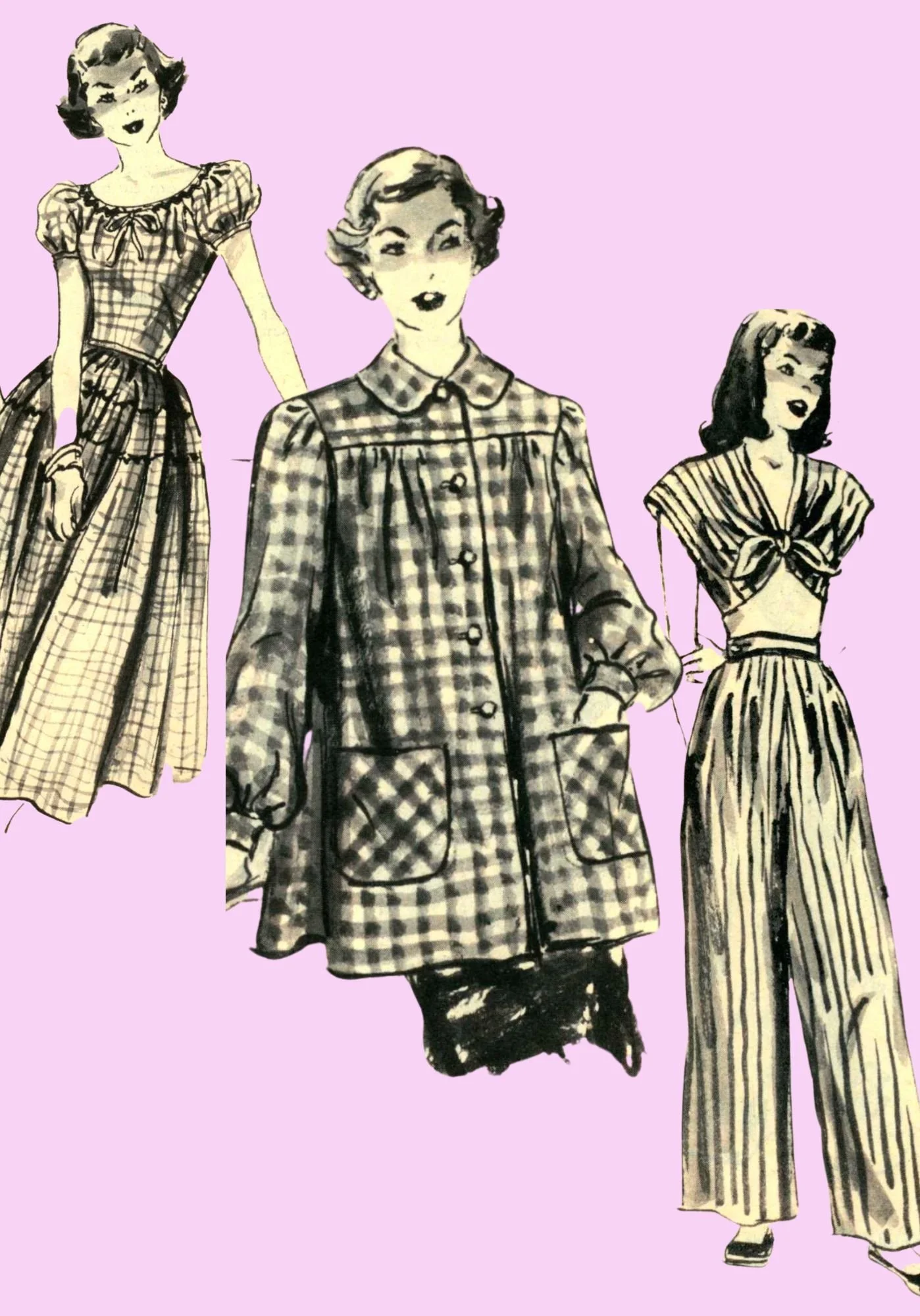 Illustration of three women wearing vintage-style clothing, set against a light purple background.