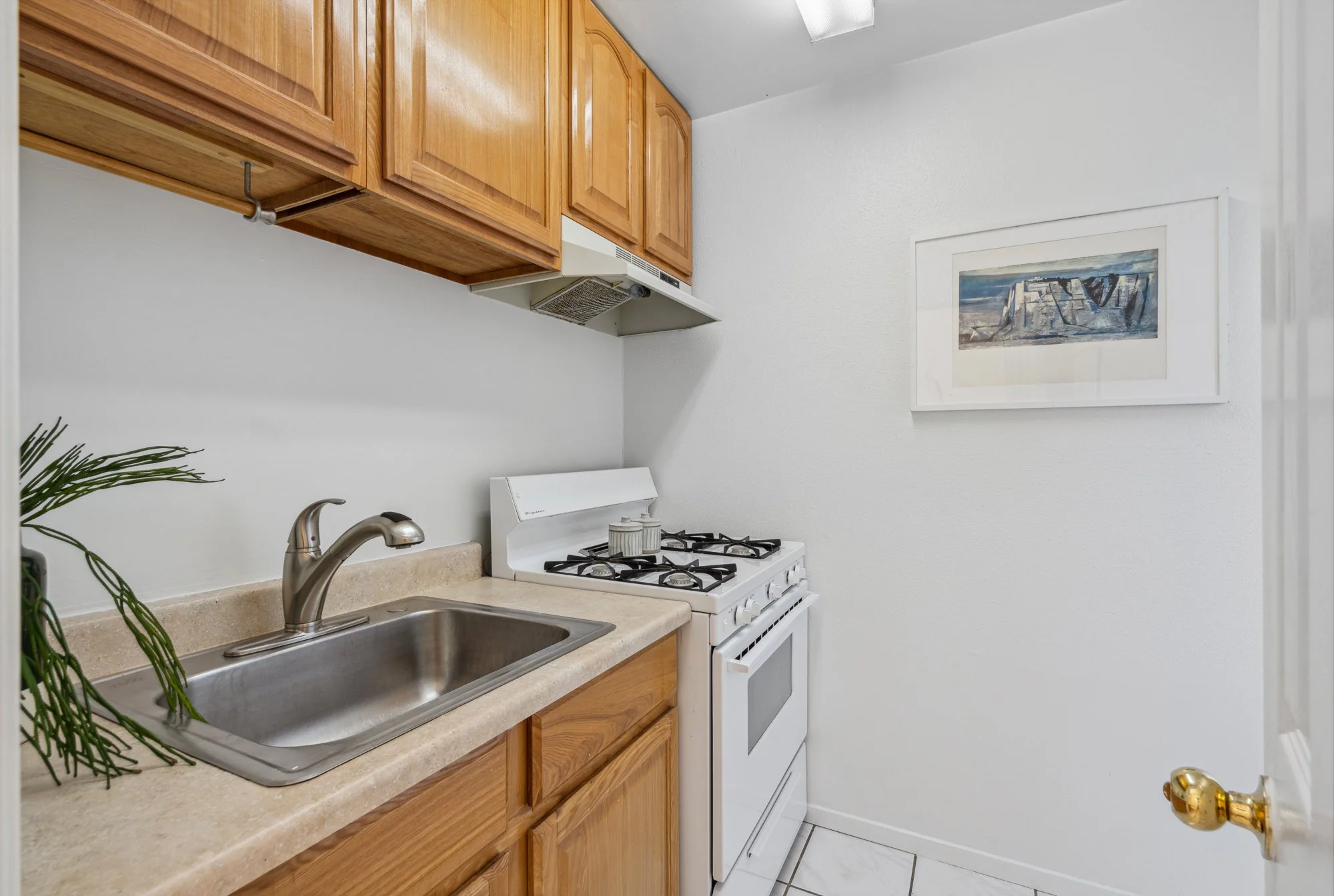 Small kitchen with wooden cabinets, a stainless steel sink, a beige countertop, a white stove with oven, a wall-mounted range hood, a framed painting of a harbor scene, a potted plant, and a white tiled floor.