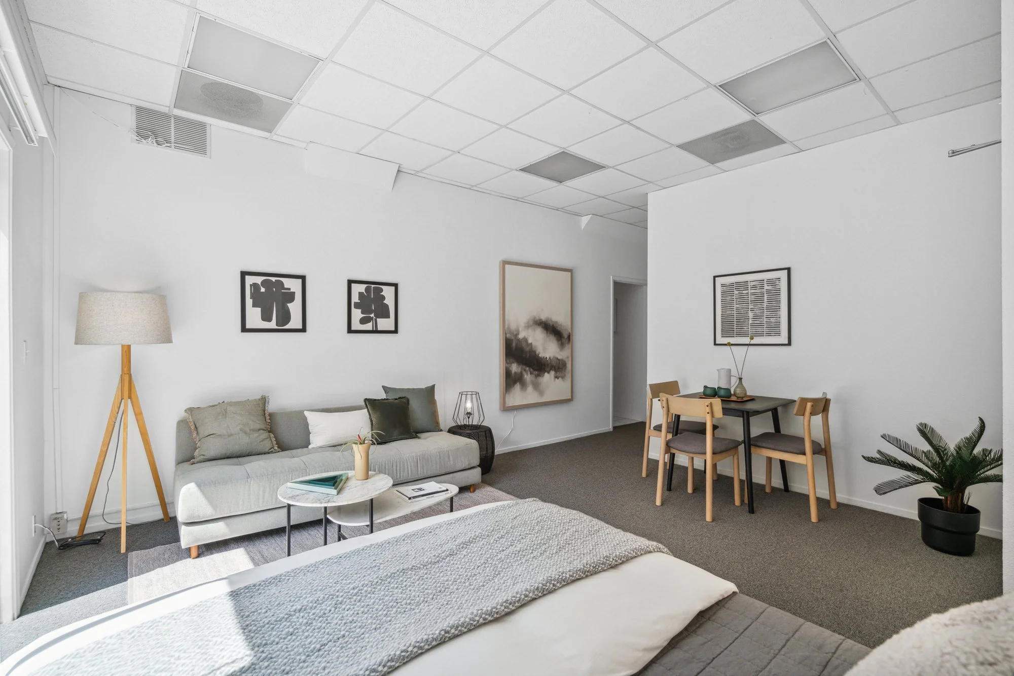 Living room with white walls, ceiling with suspended tiles, sofa with pillows, coffee table, floor lamp, wall art, dining table with four chairs, potted plant.