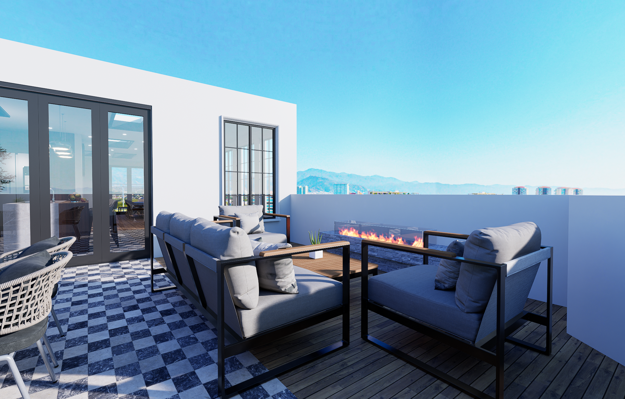 Private Terrace with seating and fireplace 