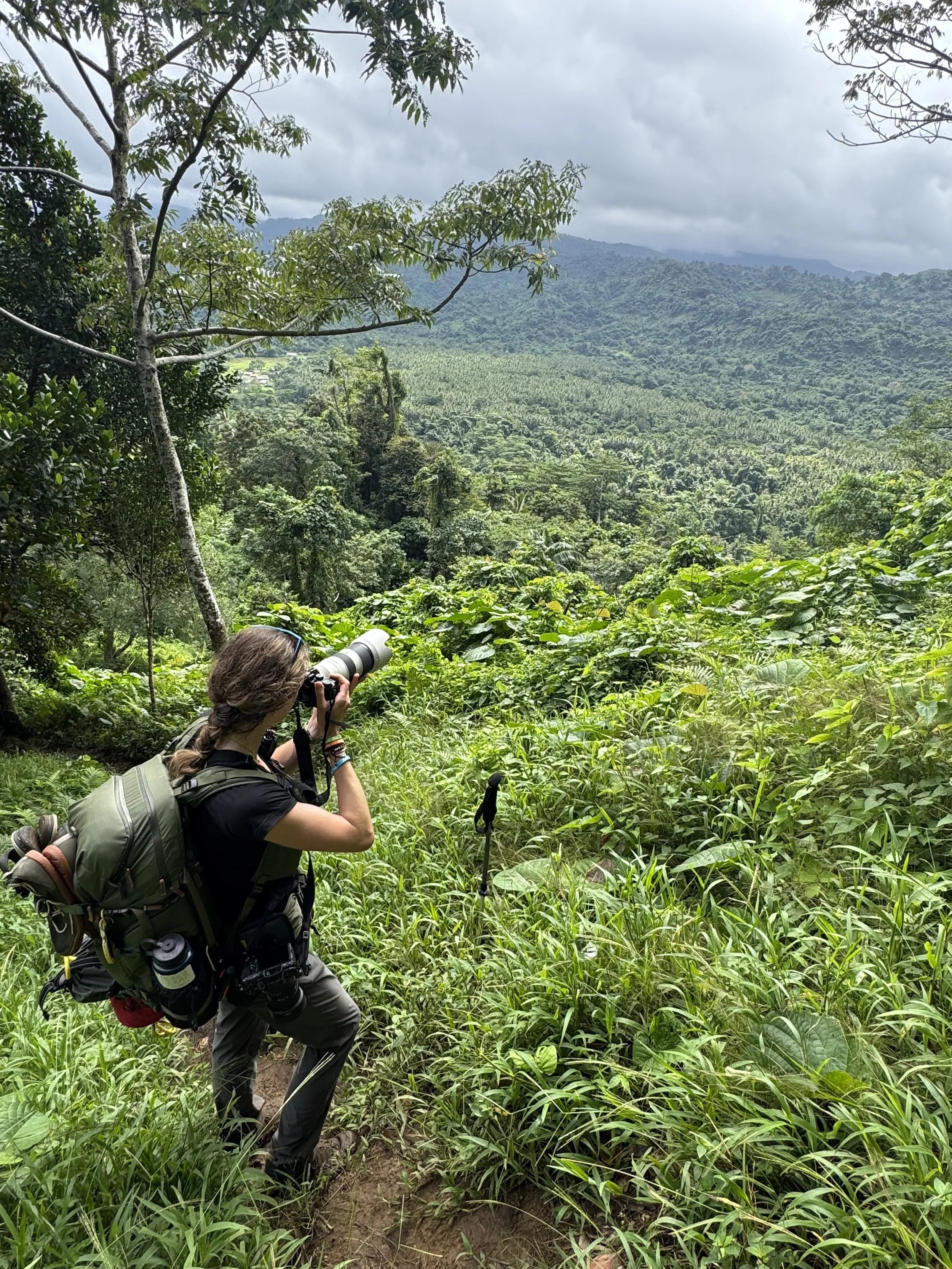 Girl taking a photo with a camera, looking out over the jungles of Vanuatu.