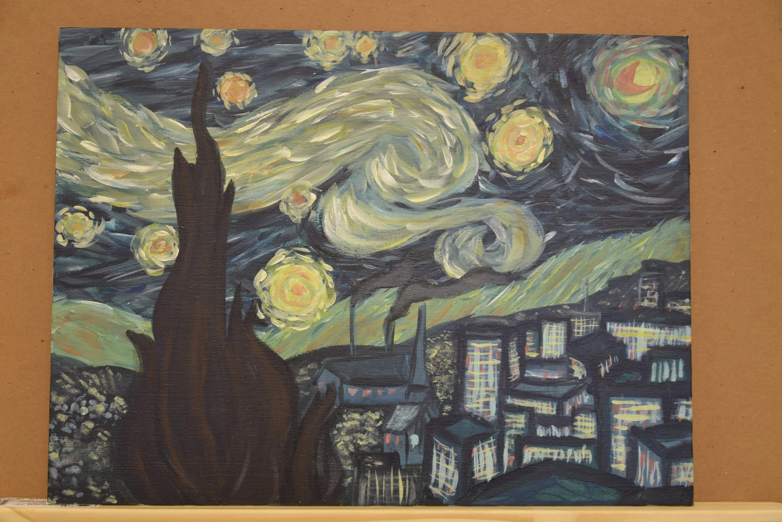 Modern Rendition of Famous Painting Assignment - Van Gogh's "Starry Night" - 2017. Acrylic on Panel