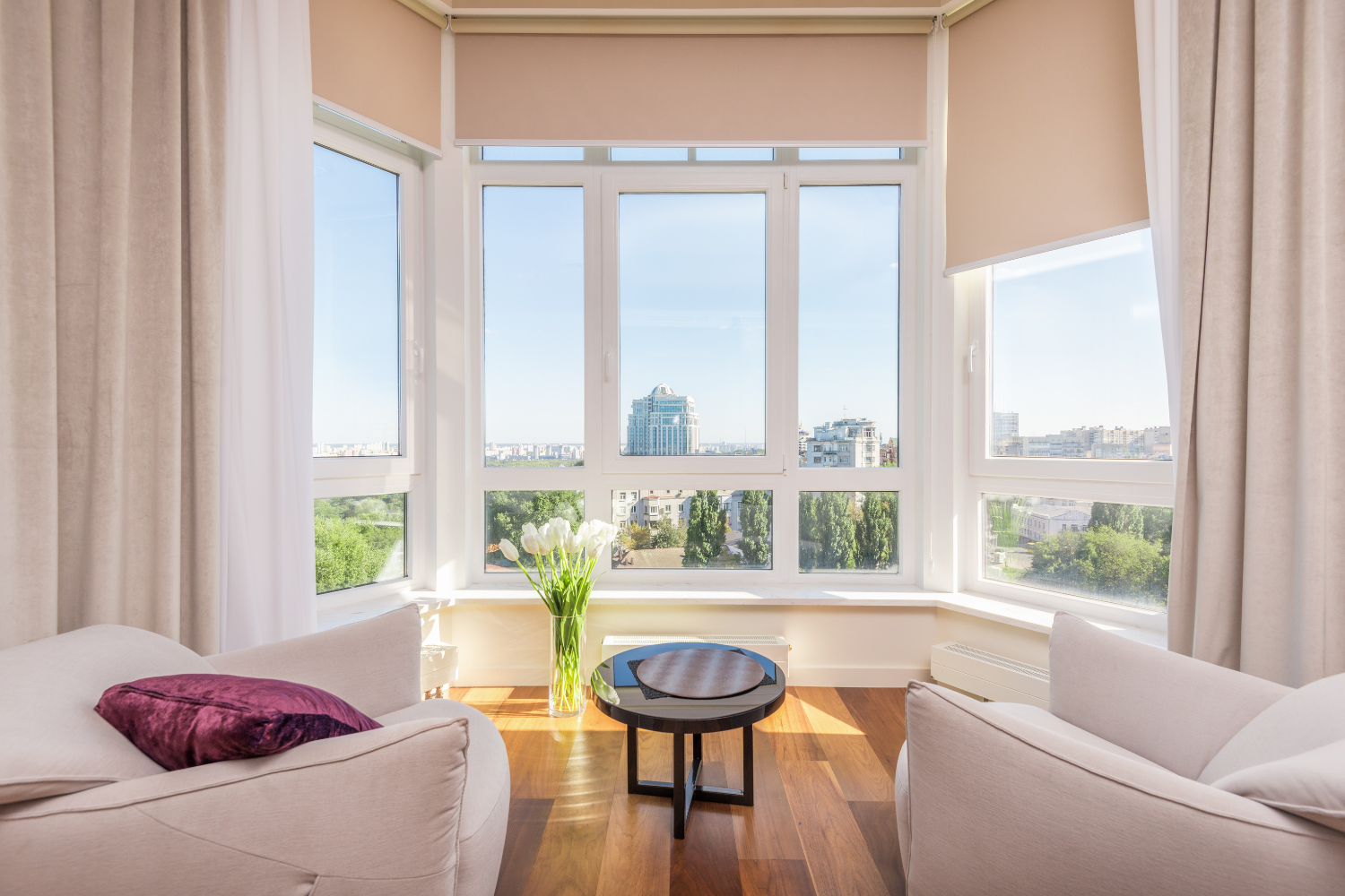 Picture of a city apartment looking out bright windows.
