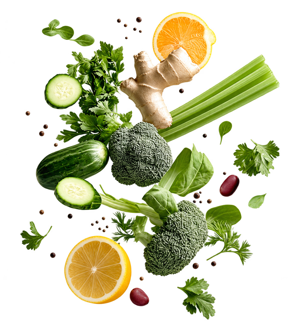 Vegetables and fruit floating in the air.