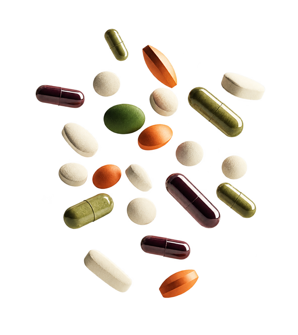 Vitamin capsules and tablets floating in the air.