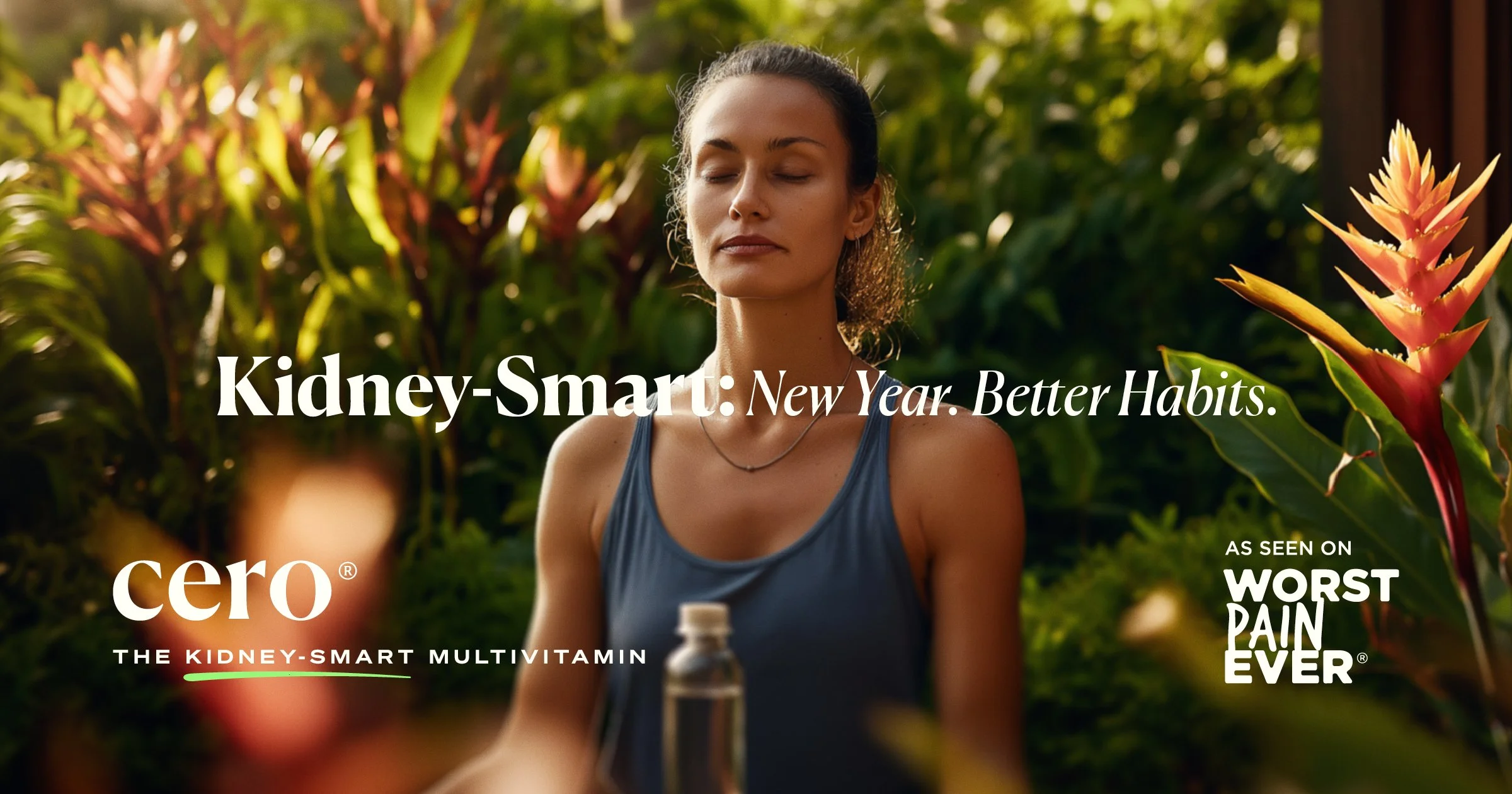 Cero Multivitamin: Headline Kidney-Smart: New Year. Better Habits. Image of woman meditating