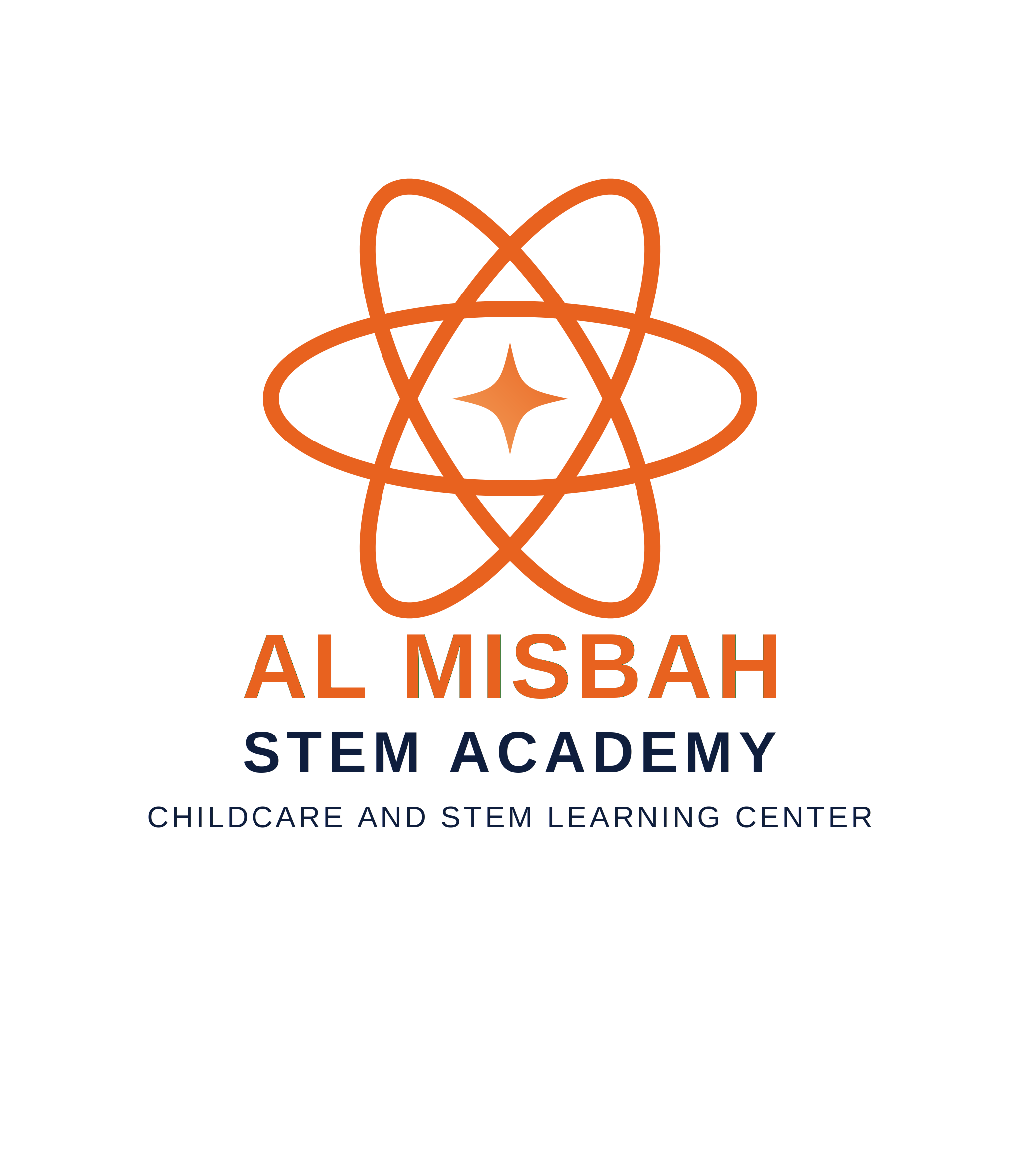 Logo for Al Misbah Stem Academy with an atom symbol and the academy's name in orange, blue, and green text, specializing in childcare and STEM learning.