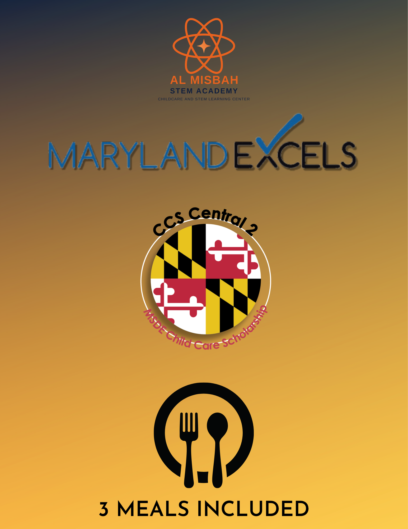 A graphic advertisement featuring the Al Misbah STEM Academy logo, Maryland ExCELS logo, and an icon of a plate with a fork and spoon, with text indicating a meal includes three items.