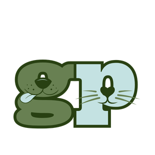 The lowercase letter "g" with the center representing a dogs mouth sticking its tongue out, and the lowercase letter "p" with the center representing the mouth of a cat with whiskers.