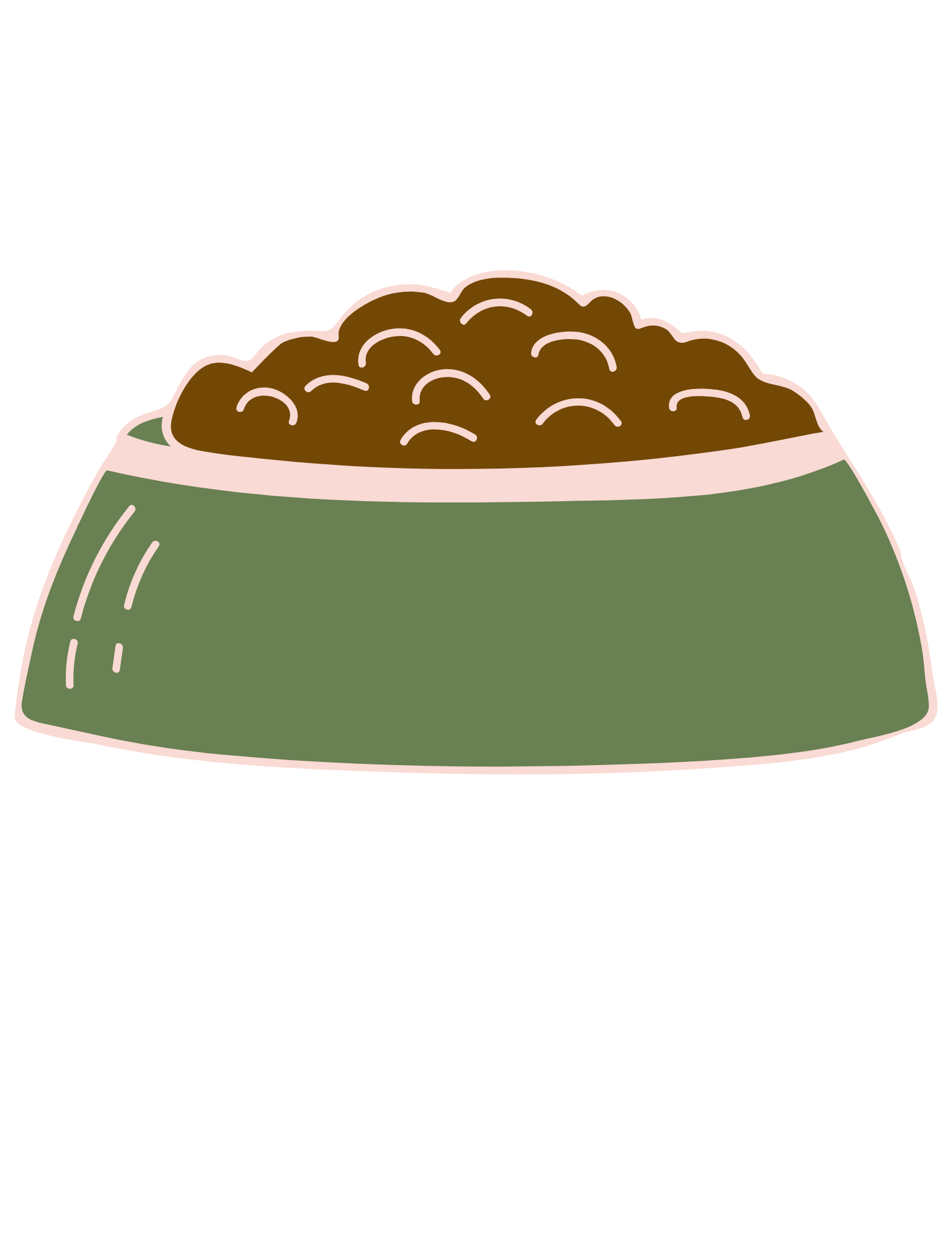 Digital illustration of a bowl of brown dog food in a green bowl.