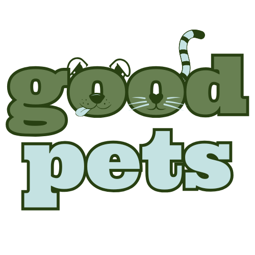 Illustration of the words "good pets" with the letter "o" in "good" as a dog's face with a tongue, and the letter "o" in "pets" as a cat's face with whiskers, nose, and ears, on a black background.