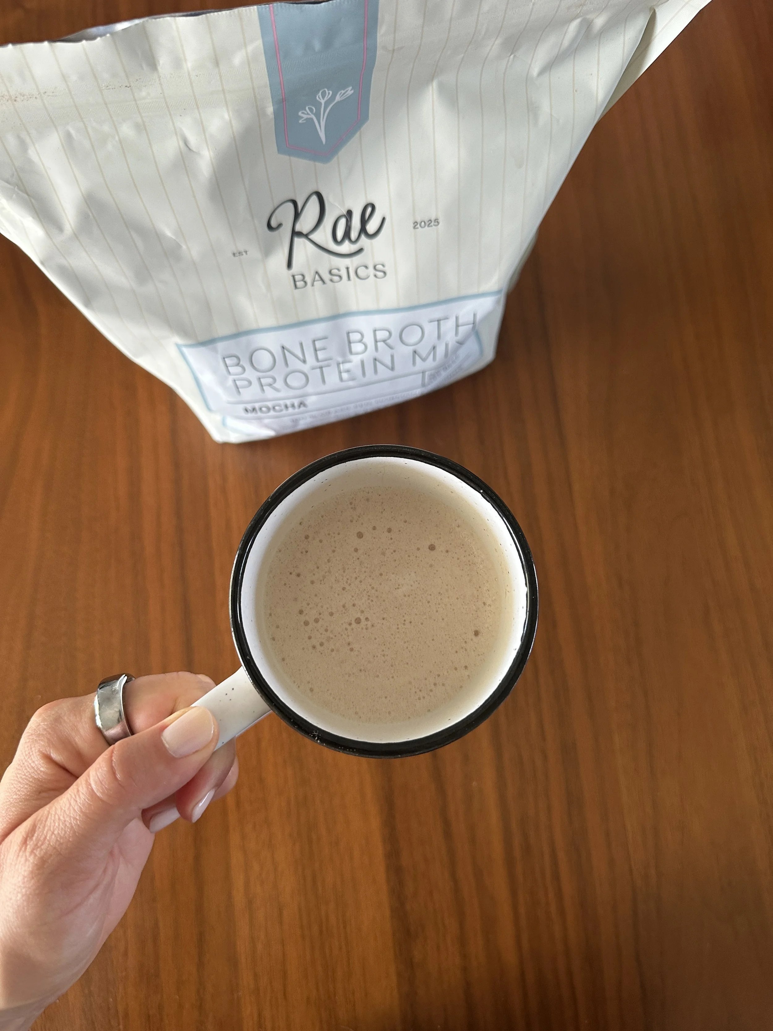 bone broth hot cocoa made with RAE Basics Mocha Bone Broth Protein.