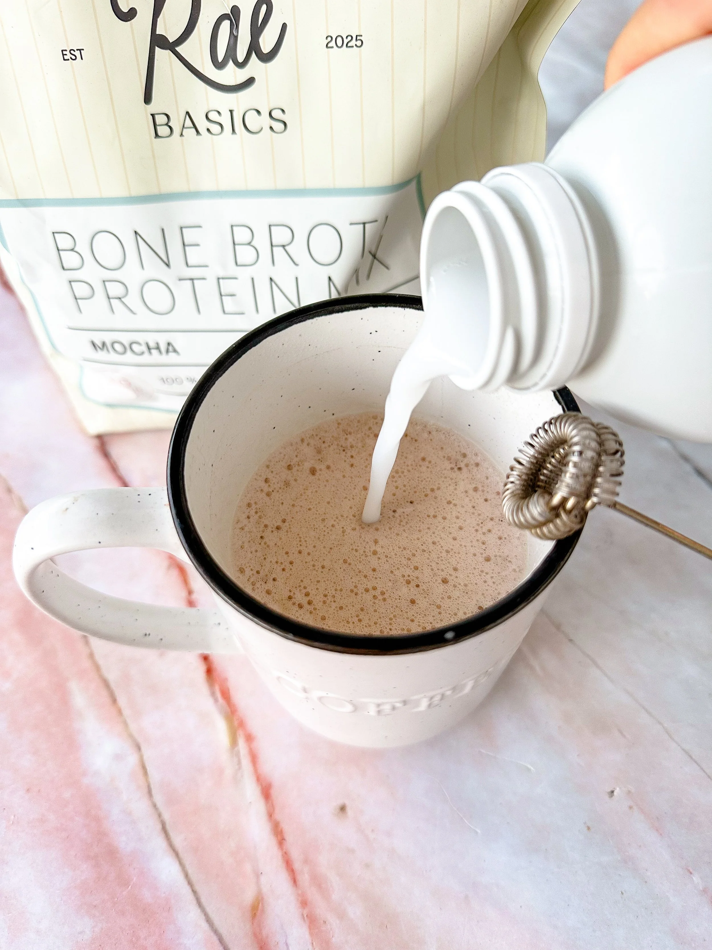 mug of RAE Basics Mocha Bone Broth Hot Cocoa 