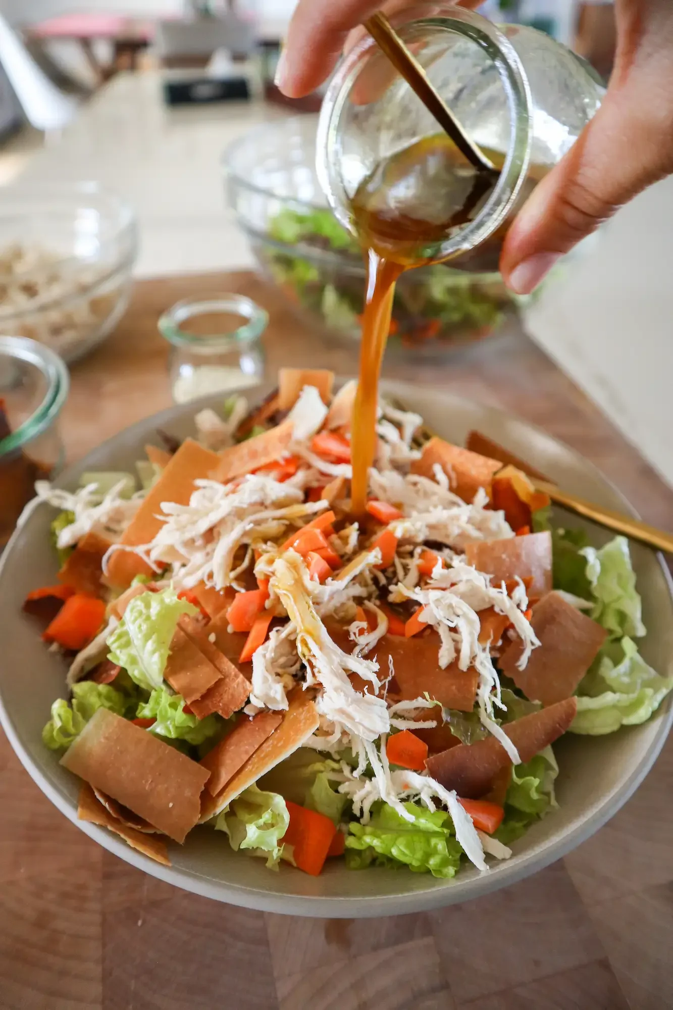  chinese chicken salad dressing poured over dressing 