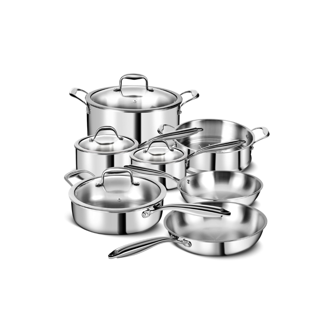 Set of stainless steel pots and pans