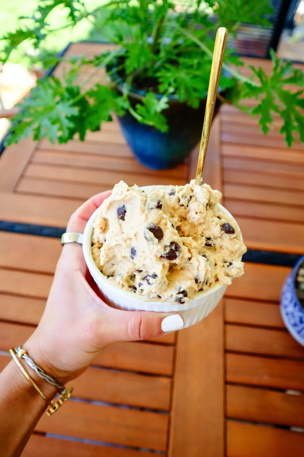 High protein cottage cheese cookie dough in a bowl with chocolate chips