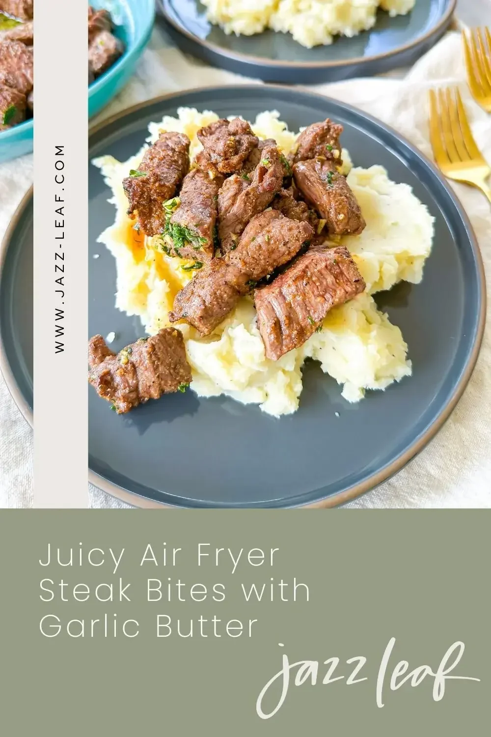 Juicy air fryer steak bites on a plate with mashed potatoes