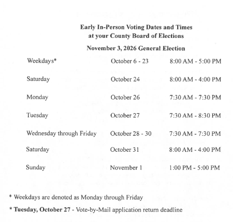 NOVEMBER 3, 2026 GENERAL ELECTION: Early Voting Dates and Times