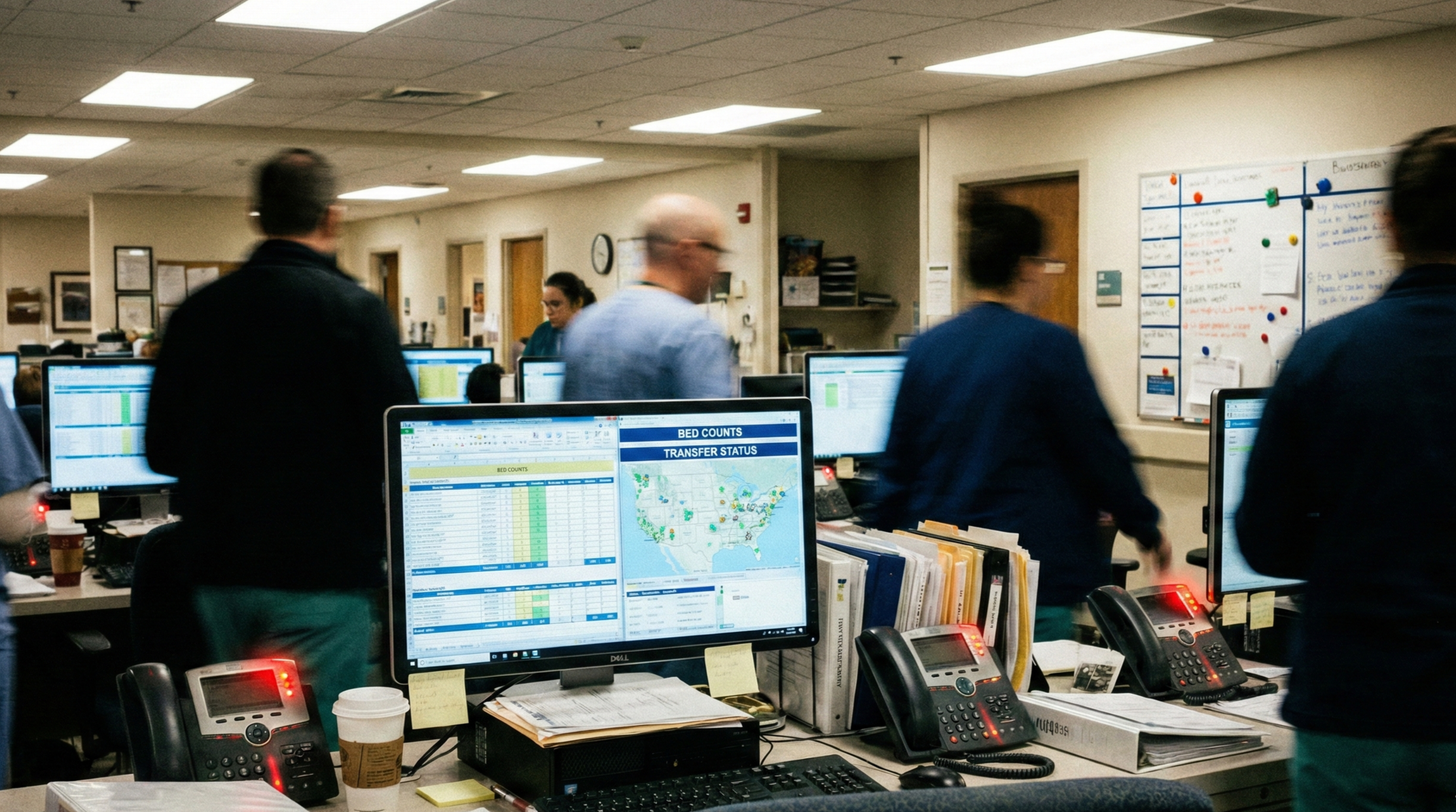 Nurses station with multiple computer monitors, people walking and working, and a whiteboard with notes.
