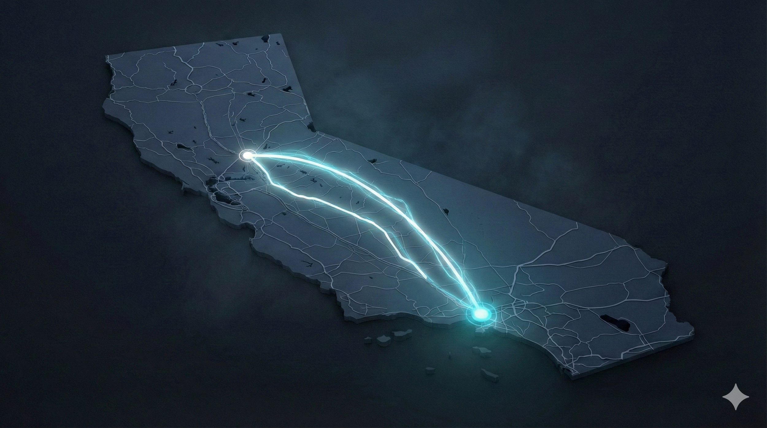 A 3D map of California showing the quickest route to transfer a patient with digital glowing lines connecting two points, one in the north and one in the south of the state.