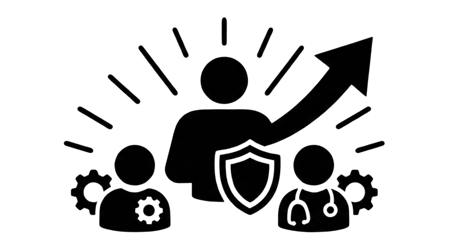 Silhouette of a person protecting three smaller figures with a shield, with a red rectangle in the background.