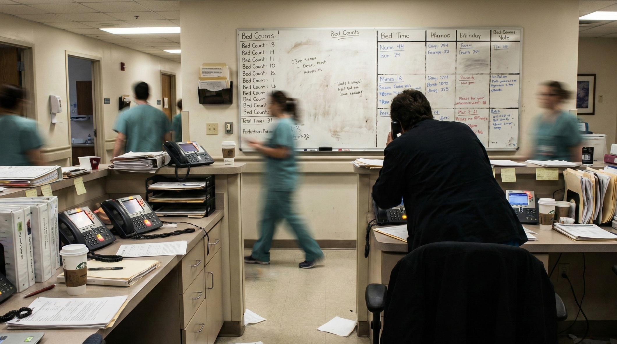 Hospital nurses and staff in an busy hospital nurses station with cluttered desks, phones, files, and a whiteboard with patient info and notes.