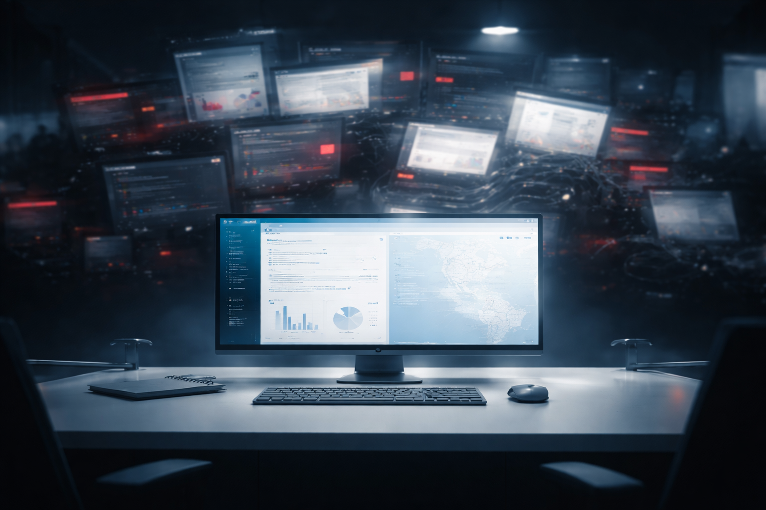 A computer monitor on a desk displaying data charts and a world map, with multiple augmented screens and data streams in the background, suggesting a cybersecurity or data analysis environment.