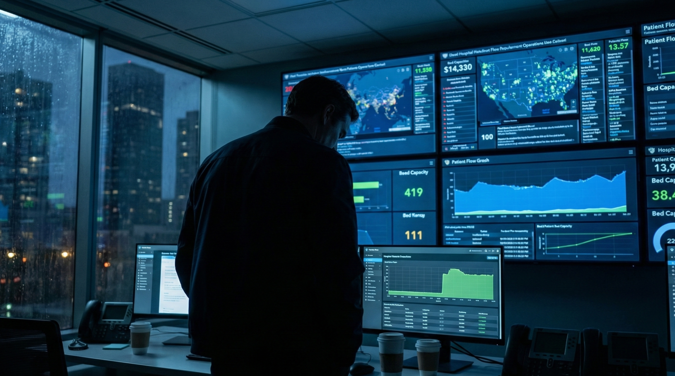 A man at a hospital transfer center during night shift looking at multiple large screens displaying charts, maps, and data in a modern office with city buildings visible through large windows.