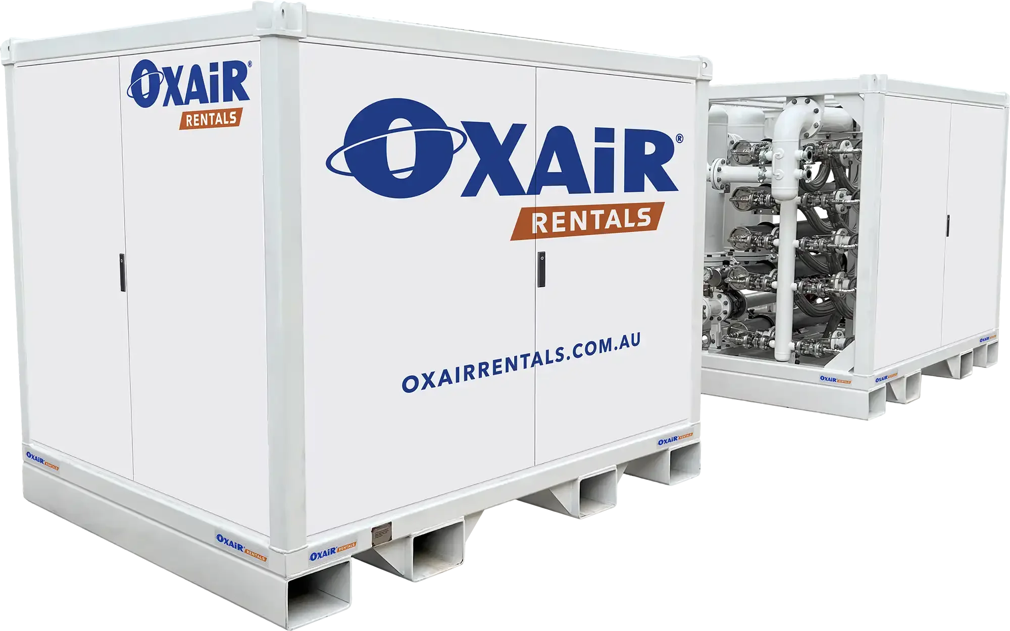 Two heavy-duty white skid-mounted industrial gas generator units branded with the Oxair Rentals logo and oxairrentals.com.au domain, engineered for underground mining and industrial gas applications in Australia.