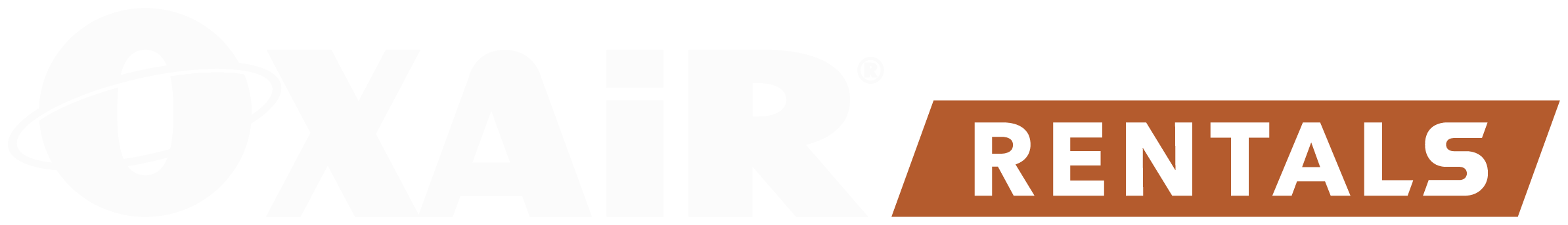 Official Oxair Rentals corporate logo featuring blue Oxair branding with an orbital icon and white text inside an orange-rust colored Rentals block.