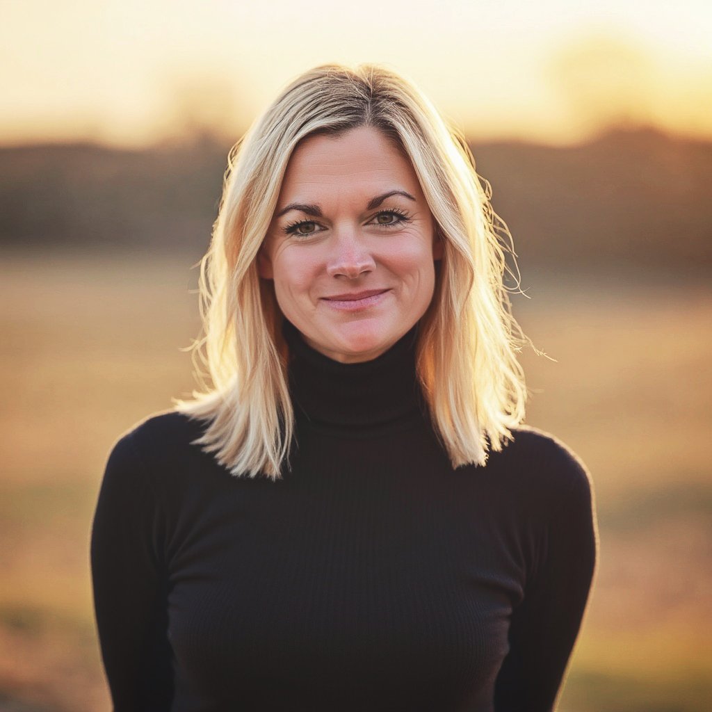 The photographer stands outdoors during sunset.