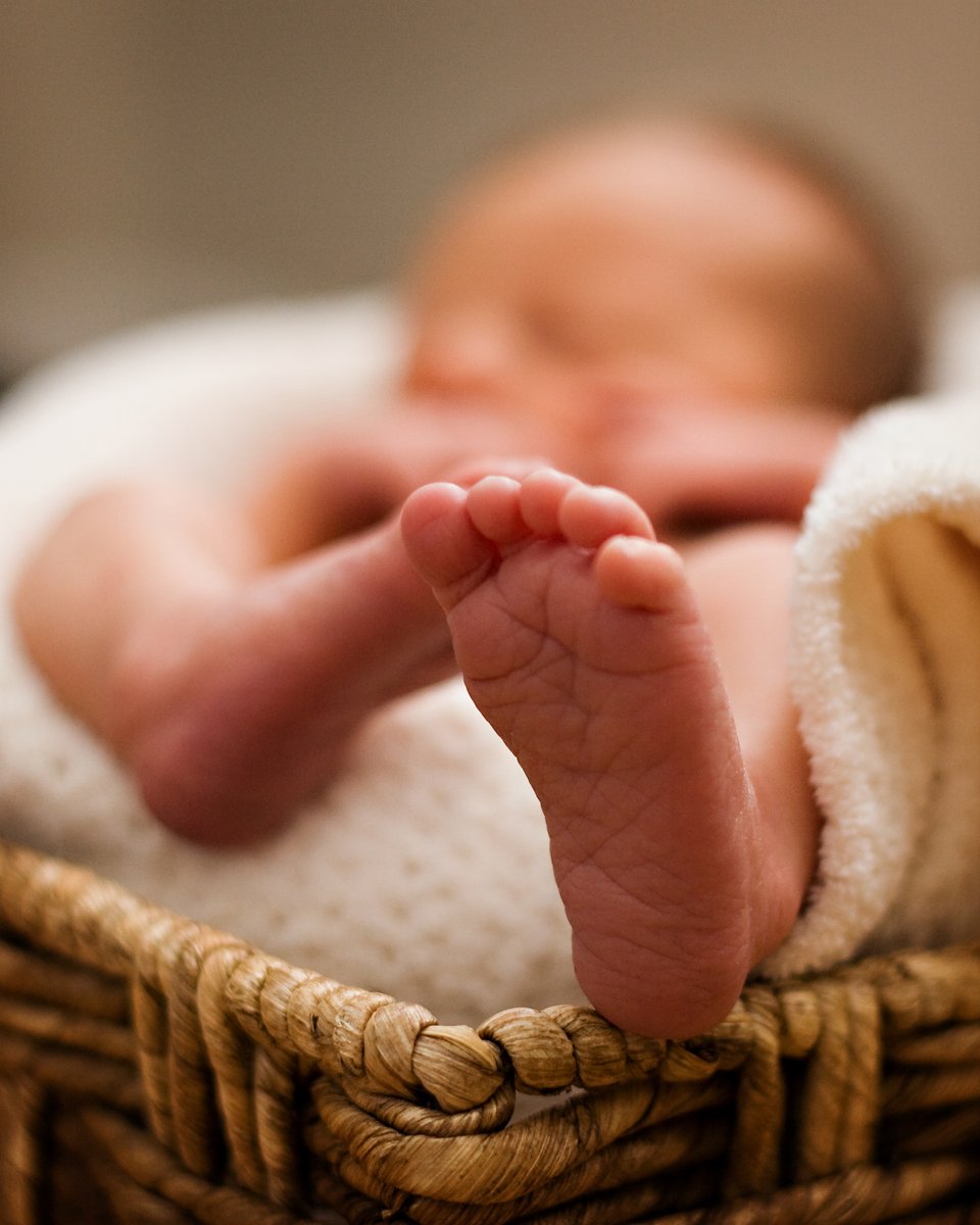 Close-up of a newborn baby's feet in a woven basket, with the baby lying on a soft blanket.