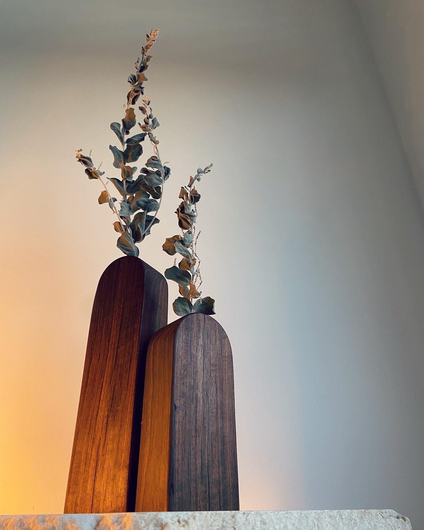 Two tall wooden vases, one dark and one light, with dried branches and leaves, placed on a marble surface against a plain wall.